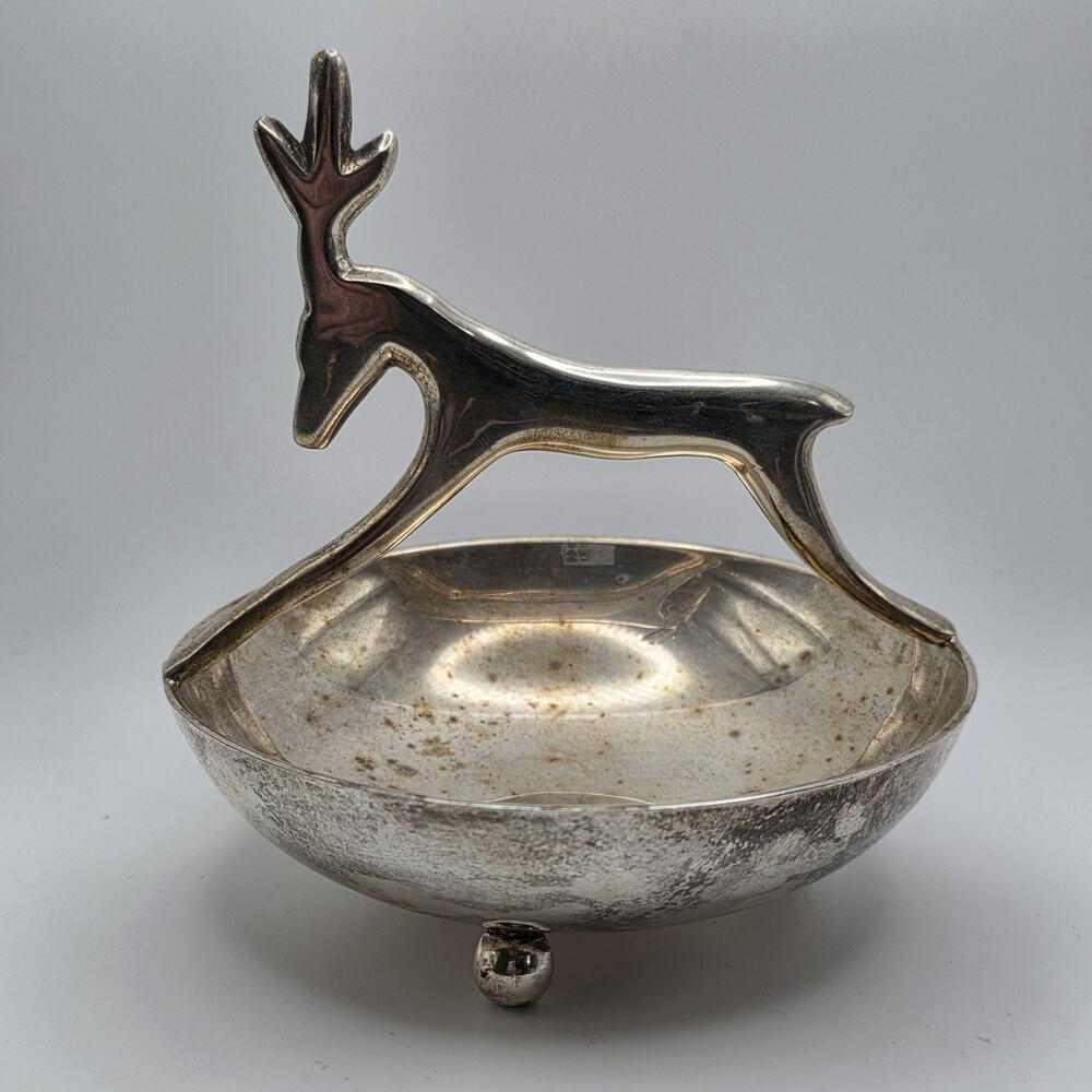 Vintage Silver Tone Deer Stag Ring Dish Trinket Bowl Mid Century Decor